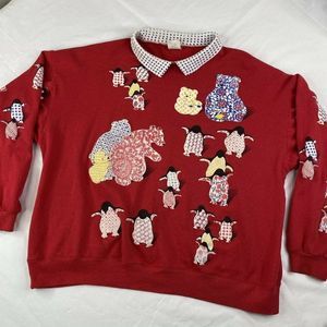 Vintage 80s P.S. I Love You size XL collared sweatshirt penguins bears puffy AOP